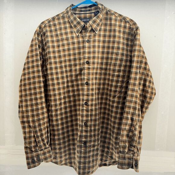 St Johns Bay Premium Twill Shirt Mens Large Brown Small Plaid Button Down - Picture 1 of 5